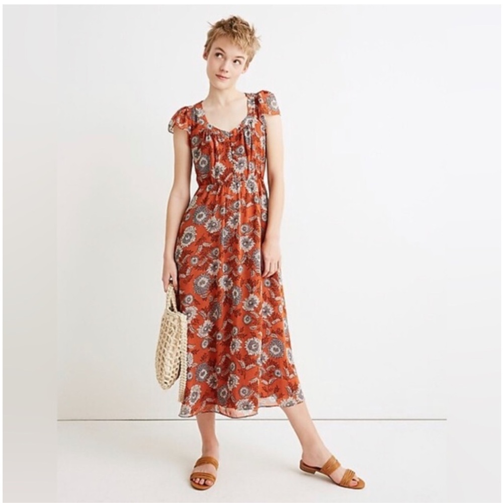 Madewell Orange Floral Midi Dress Size 2